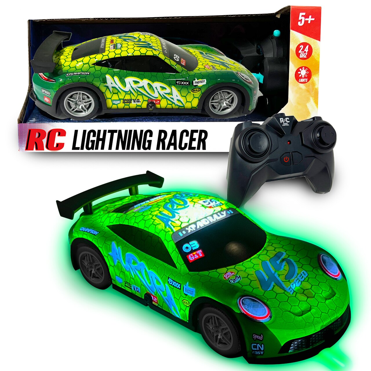 Hyper Drive: RC Lightning Racer - Green & Yellow - Light-Up Remote Control Car, High-Speed Play Vehicle, LED Lights, 2.4 GHz, 1:40 Scale, Kids 5+